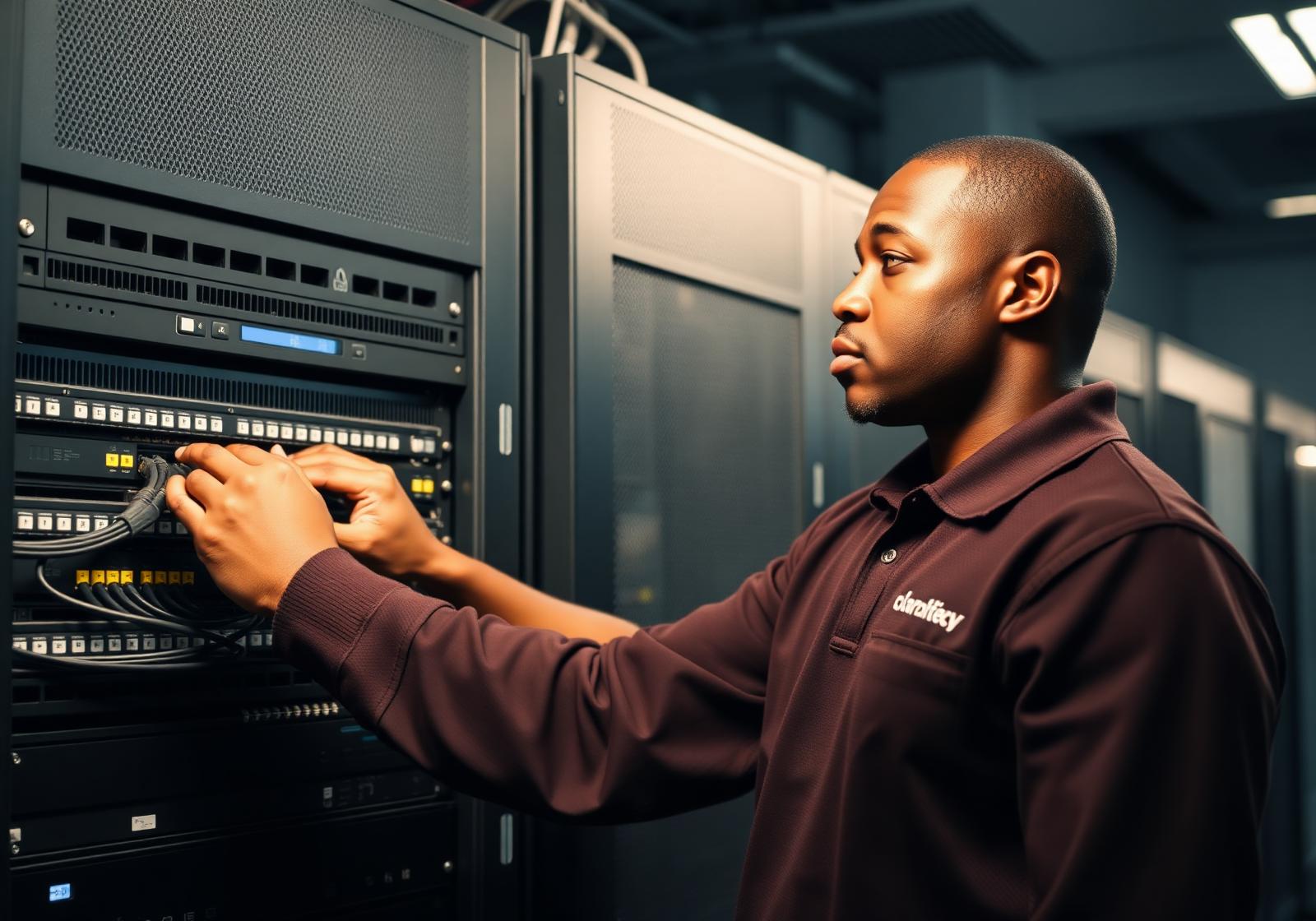 FredericRepair technician patching a network switch in an Ottawa server room