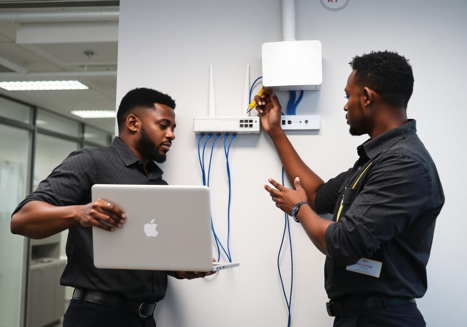 FredericRepair team installing a Wi-Fi access point and router at a Canadian office